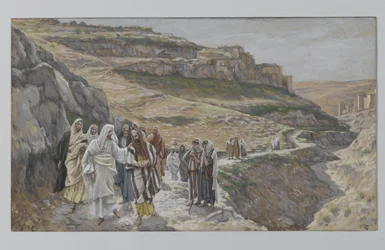 Jeesus keskustelee opetuslastensa kanssa, esimerkki teoksesta Herramme Jeesuksen Kristuksen elämä, 1886-96 (wc grafiitin päällä paperilla)