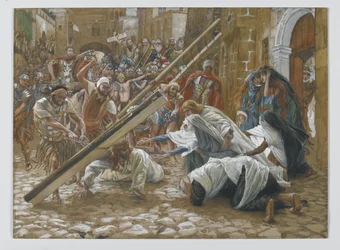 Jeesus tapaa äitinsä, esimerkki teoksesta The Life of Our Lord Jesus Christ, 1886-94 (wc grafiitin päällä paperilla)