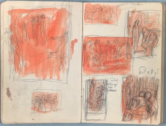 Sivuja Sketches for The Life of Our Lord Jesus Christ -albumista 1880-luvun lopulla (grafiitti ja pesu paperille)
