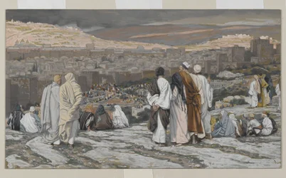 Opetuslapset, jotka ovat jättäneet piilopaikkansa, katsovat kaukaa tuskissa, esimerkki teoksesta The Life of Our Lord Jesus Christ, 1886-94 (wc grafiitin päällä paperilla)