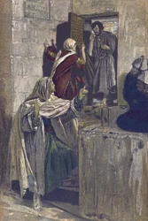 Pyhän Pietarin ensimmäinen kieltäminen - Pyhän Pietarin ensimmäinen kieltäminen - "Herramme Jeesuksen Kristuksen elämästä" - 1899, James Tissot - La vie de notre seigneur Jesus Christ, kirjoittanut Jacques Joseph (Jacques Joseph) Tissot dit James Tissot (1