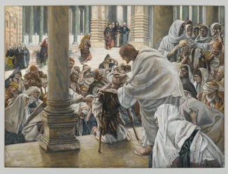 Ontuvien paraneminen temppelissä, kuvitus teokselle The Life of Christ, n. 1886-1894 (wc ja guassi pahville)