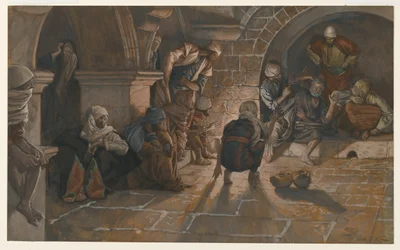 Pyhän Pietarin toinen kieltäminen, esimerkki teoksesta Herramme Jeesuksen Kristuksen elämä, 1886-94 (wc grafiitin päällä paperilla)
