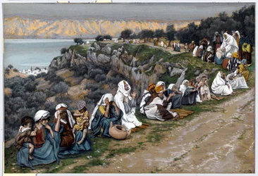 Sairaat odottavat Jeesuksen ohikulkua, kuvitus teoksesta The Life of Christ, n. 1884-1896 (wc ja guassi pahville)