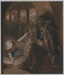 Pyhän Pietarin kolmas kieltäminen – Jeesuksen häpeän katse, esimerkki teoksesta The Life of Our Lord Jesus Christ, 1886-94 (wc grafiitin päällä paperilla)