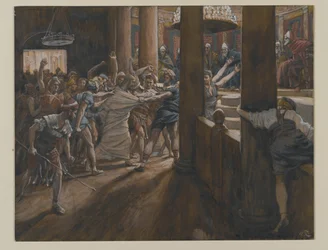 The Tribunal of Annas, esimerkki teoksesta The Life of Our Lord Jesus Christ, 1886-94 (wc grafiitin päällä paperilla)