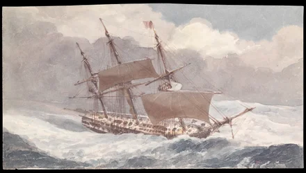 Barham Sardinian eteläpään edustalla matkalla Englantiin vara-amiraali Sir Pulteney Malcolmin kanssa, 1800-luvun puoliväli (akvarelli).
