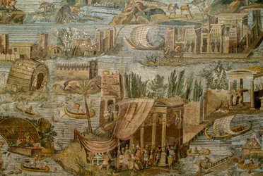 Roomalainen mosaiikki, joka kuvaa mielikuvituksellista näkymää Niilin tulvavasta joesta. Museo Archeolog...