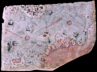 Vuonna 1513 valmistunut Piri Reis Haritasi -kartta. Topkapin palatsimuseo, Istanbul, Turkki.