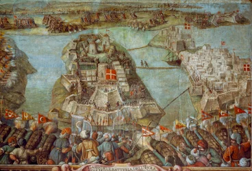 Tämä fresko kuvaa Maltan turkkilaisten piiritystä vuonna 1565. Taideteos.