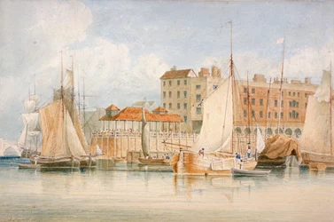 Näkymä Billingsgate Wharfille ja torille, jossa on aluksia ja ihmisiä, Lontoon kaupunki, 1824.