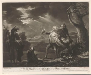 David Garrick kuningas Learina Kentin jaarlin ja Tomiksi naamioituneen Edgarin kanssa myrskyisissä maisemissa Herra. Garrick kuningas Learin hahmossa (otsikko esineessä)