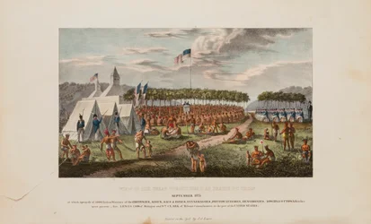 Näkymä Prairie Du Chienissä syyskuussa 1825 pidetystä suuresta sopimuksesta, lähteestä The Aboriginal Portfolio (Aboriginal Portfolio).