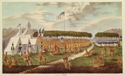 Näkymä suuresta sopimuksesta Prairie du Chienissä, Wisconsinissa, syyskuussa 1825, teoksesta "Aboriginal Portfolio", 1825 (värikaiverrus)