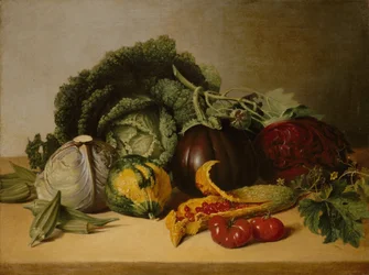 Asetelma: Balsamiomena ja vihannekset, n. 1820-luku.