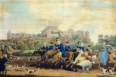 Yrjö III (1738-1820) Paluu metsästyksestä, kaiverrus M. Dubourg, 1820 (akvatinta)