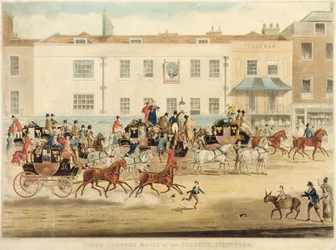 Pohjois-Englannin postivaunut The Peacockin luona Islingtonissa, 1838