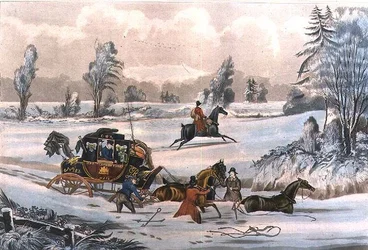 Postivalmentaja lumisateessa, kaiverrus G. Reeves, pubi. kirjoittanut J. Watson 21.9.1825 (kaiverrus)