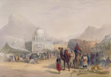 Afganistanin kuninkaan Ahmed Shauhin temppeli, Kandahar, taulu 27 teoksesta "Afganistanin maisemia, asukkaita ja pukuja", kaivertanut Robert Carrick (noin 1829-1904), 1848