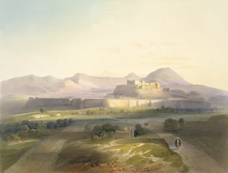Ghuzneen kaupunki ja linnoitus, levy 18 teoksesta "Scenery, Inhabitants and Costumes of Afghanistan", kaiverrettu W.L. Walton, 1848
