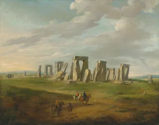 Stonehenge, jossa on vaunut ja hevosmatkustajia ratsastamassa