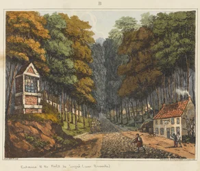 Foret de Soignen sisäänkäynti Brysselin lähellä vuonna 1815, teoksesta "An Historical Account of the Battle of Waterloo", 1817 (värillinen akvatintta).