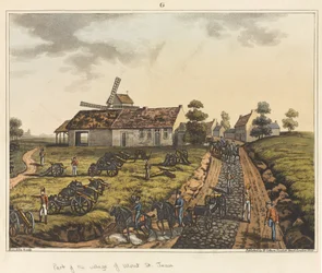 Osa Mont St Jeanin kylää, kirjasta "Historiallinen kertomus Waterloon taistelusta", 1817 (värillinen akvatinta)