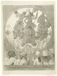 Spotprent op de Franse Invasie, 1795 Ranskan hyökkäys hollantilaisten pohjalle. Ombres Chinoises / Terror The Order of the Day (otsikko esineessä)