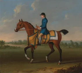 A Bay Racehorse with Jockey Up (Jockey Up)