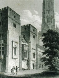 Fonthill Abbeyn kaakkoisnäkymä, julkaistu vuonna 1812 (kaiverrus)