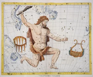 Herkuleen tähtikuvio koronan ja lyyran kanssa, levy 21 "Atlas Coelestiksestä", John Flamsteed (1646-1710), julkaistu vuonna 1729 (käsinvärinen kaiverrus)