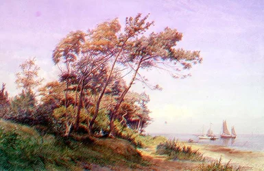 Piknik Isle of Wightin rannikolla sekä rannikon edustalle kiinnitetty ja Royal Yacht Squadronin viiriä kantava jahti