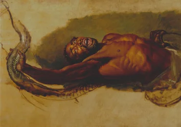 Mies kamppailee Boa Constrictorin kanssa, Study for "Liboya Serpent Seating its Prey" (Liboya-käärme tarttuu saaliiseensa).