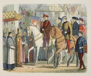 Kaarle VI Ranskan ja Henrik V toivotti papiston tervetulleeksi 1. joulukuuta 1420, Englannin kronikasta 55–1485, pub. Lontoo, 1863