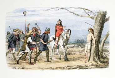 Edmund, Itä-Anglian kuningas, tanskalaisten surmaamana 20. marraskuuta 869 jKr., teoksesta "Englannin kronikka vuodesta 55 eKr. vuoteen 1485 jKr.", julkaistu Lontoossa, 1863