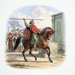 Ylipappi Coifi häpäisee epäjumalien temppelin, 627 jKr., Englannin kronikasta 55–1485, pub. Lontoo, 1863