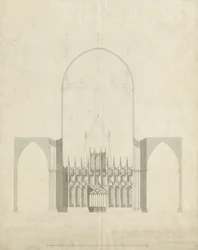 Lichfieldin katedraalin sisustus - Sisäänkäynti kuorosta naveen: piirustus ja pesu, nd [c 1780]