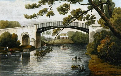 Silta Rio Cobren yli, espanjalainen kaupunki, maalauksellisesta Jamaikan saaren kiertueesta, kaivertanut J. Cartwright, 1824