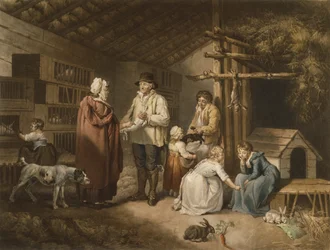 Myydään kaneja, kaiverrus William Ward (1766-1826) 1796 (värillinen mezzotint)