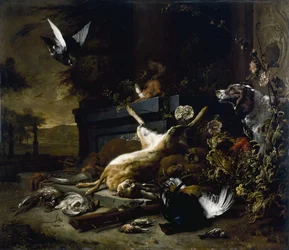 Riista-asetelma, johon kuuluu jänis, teeri ja peltopyy, spanieli katselemassa ja kyyhkynen lennossa, noin 1680