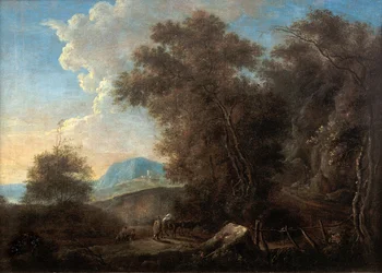 Dutch: Rocky landscape with passengers and footbridge Rocky landscape with passengers and footbridge (Kalliomaisema, matkustajia ja kävelysilta)