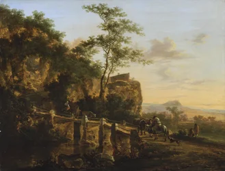 Hollanti: Eteläinen maisema, jossa on matkustajia sillan lähellä (Ponte Acquoria lähellä Tivolia) Vuoristomaisema, jossa on silta.