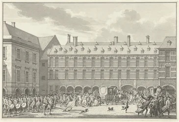 Häiriöt kun Dordrechtin edustajat ajavat Stadhouderspoortin läpi Binnenhofissa, 1786