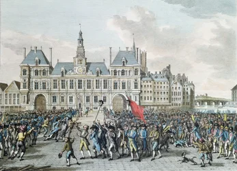 Launayn ja Flessellesin päämiehet promenaadittiin Hotel de Villen edessä, 14. heinäkuuta 1789, 1795