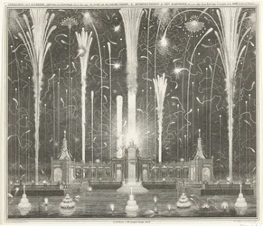 Ilotulitus Haagissa Aachenin rauhan puolesta, 1749 Kuvaus ilotulituksesta, ammuttu Haagissa 13. kesäkuuta 1749, käyttänyt den Aakensche Vreede / Representation du feu d