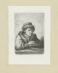 Volwassen man aan een tafel, bontmantelissa John Chalonin etsausten täydellinen työ / Oeuvre Complette des Eaux Fortes par Jean Chalon (sarjan nimi)