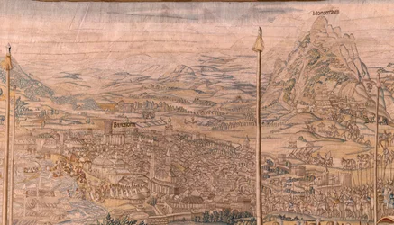 Flanderin kuvakudos. Sarja Tunisin valloitus; Barcelonan joukkojen katsaus (La revista de las tropas en Barcelona). Sarjan toinen kuvakudos. Malli Jan Vermeyen ja Pieter Coecke van Aelst. 1543-1548. Valmistus Real Fábrica de Tapices de Sant