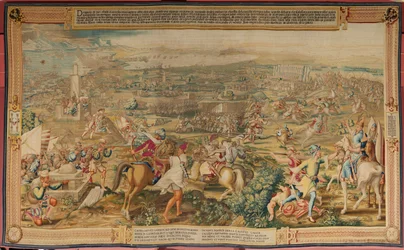 Flanderin kuvakudos. Sarja Tunisin valloitus. Hyökkäys La Goletaan (Ataque a la Goleta). Sarjan neljäs kuvakudos. Malli Jan Vermeyen ja Pieter Coecke van Aelst. 1543-1548. Valmistus Real Fábrica de Tapices de Santa Bárbara, Madrid
