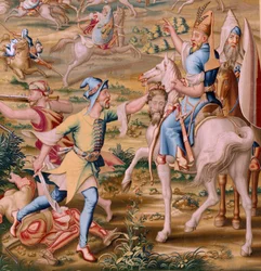 Flanderin kuvakudos. Sarja Tunisin valloitus. Hyökkäys La Goletaan (Ataque a la Goleta). Sarjan neljäs kuvakudos. Malli Jan Vermeyen ja Pieter Coecke van Aelst. 1543-1548. Valmistus Real Fábrica de Tapices de Santa Bárbara, Madrid