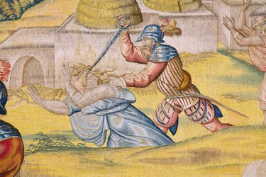 Flanderin kuvakudos. Sarja Tunisin valloitus: Tunisin valloitus. Sarjakuvapiirtäjä Jan Cornelisz Vermeyen. Studio Willem de Pannemaker, Bryssel. Noin 1545. Yksityiskohta.